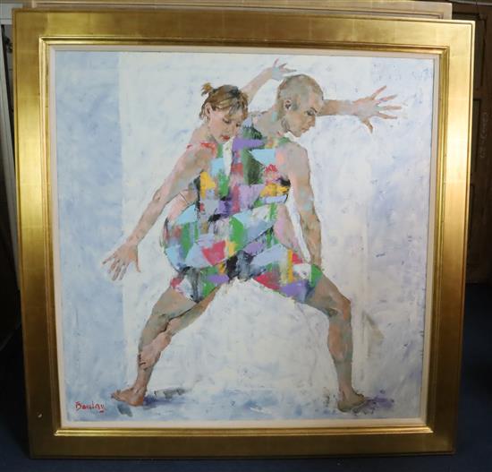 § Muriel Barclay (20th C. Scottish) Harlequin dancers 40 x 40in.